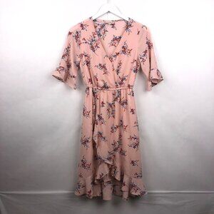 Studio B Pink Floral Faux Wrap Ruffled Dress Size Small